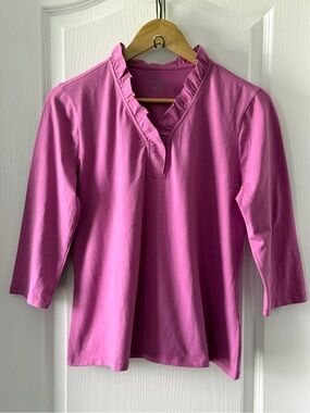 EUC Appleseed's Pink Quarter Sleeve Solid Ruffle V-Neck Tee Size PM